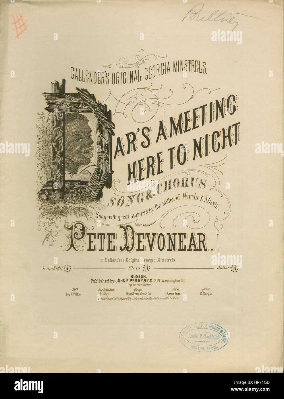 Sheet music cover image of the song 'Dar's A Meeting Here Tonight Song and Chorus', with original authorship notes reading 'Words and Music by Peter Devonear', United States, 1875. The publisher is listed as 'John F. Perry and Co., 314 Washington St.', the form of composition is 'strophic with chorus', the instrumentation is 'piano and voice', the first line reads 'If I had a wife and a little baby, Dar's a meeting here tonight', and the illustration artist is listed as 'Davenport Bros. Eng. and Print. Boston'. Stock Photo