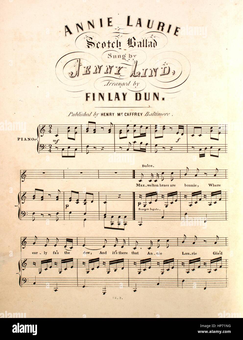 Sheet music cover image of the song 'Annie Laurie Scotch Ballad', with  original authorship notes reading 'Arranged by Finlay Dun', United States,  1900. The publisher is listed as 'Henry McCaffrey', the form