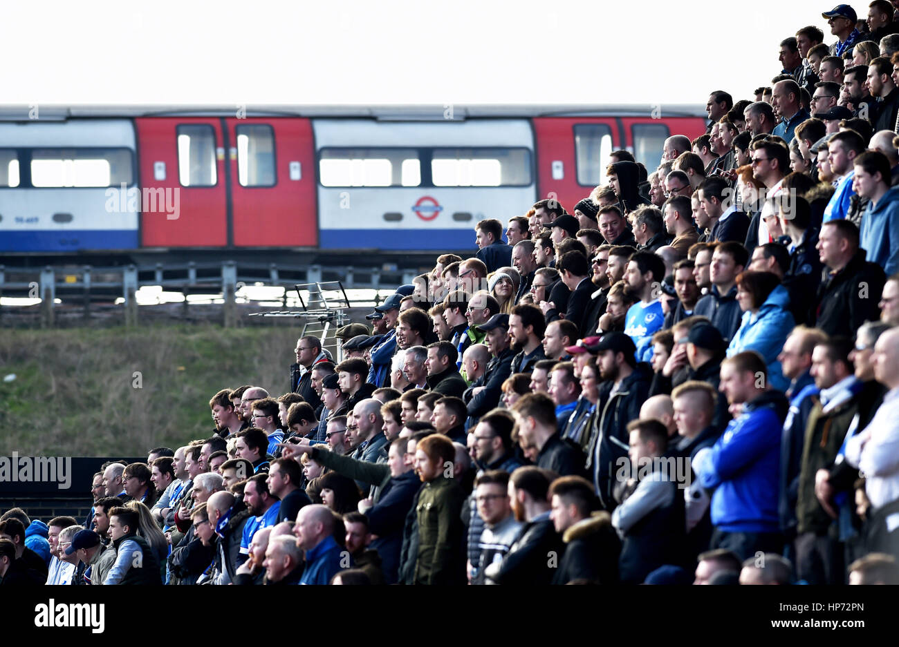 A London underground train passes by the fans during the Sky Bet League 2 match between Barnet and Portsmouth at The Hive Stadium in London. February 18, 2017. Editorial use only. No merchandising. For Football images FA and Premier League restrictions apply inc. no internet/mobile usage without FAPL license - for details contact Football Dataco Stock Photo