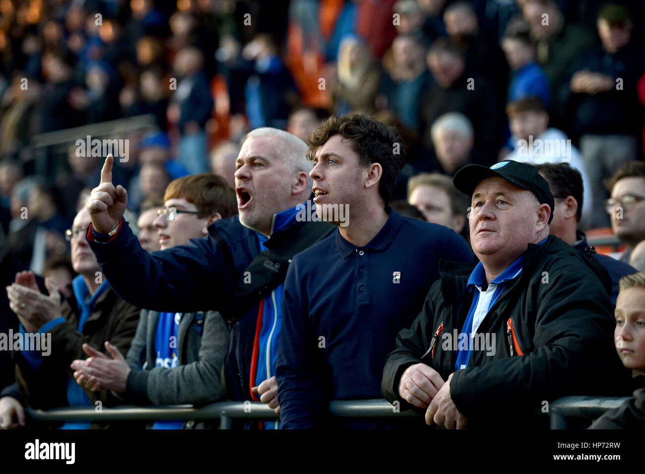 Portsmouth fans make a point after the Sky Bet League 2 match between Barnet and Portsmouth at The Hive Stadium in London. February 18, 2017.  Editorial use only. No merchandising. For Football images FA and Premier League restrictions apply inc. no internet/mobile usage without FAPL license - for details contact Football Dataco Stock Photo