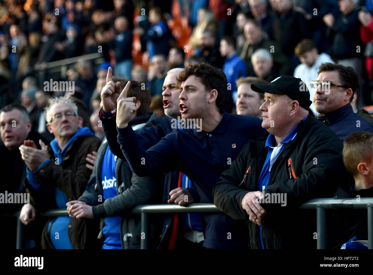 Portsmouth fans make a point after the Sky Bet League 2 match between Barnet and Portsmouth at The Hive Stadium in London. February 18, 2017.  Editorial use only. No merchandising. For Football images FA and Premier League restrictions apply inc. no internet/mobile usage without FAPL license - for details contact Football Dataco Stock Photo