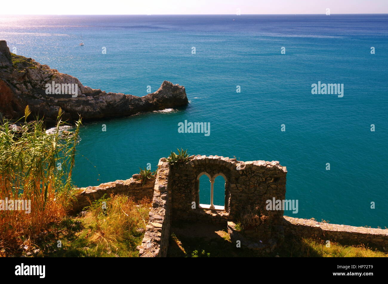 Daylight sea view from Portovenere promenade - Porto Venere (Unesco world heritage) rock, window and seascape - Waterscape, Liguria, Italy, Europe Stock Photo