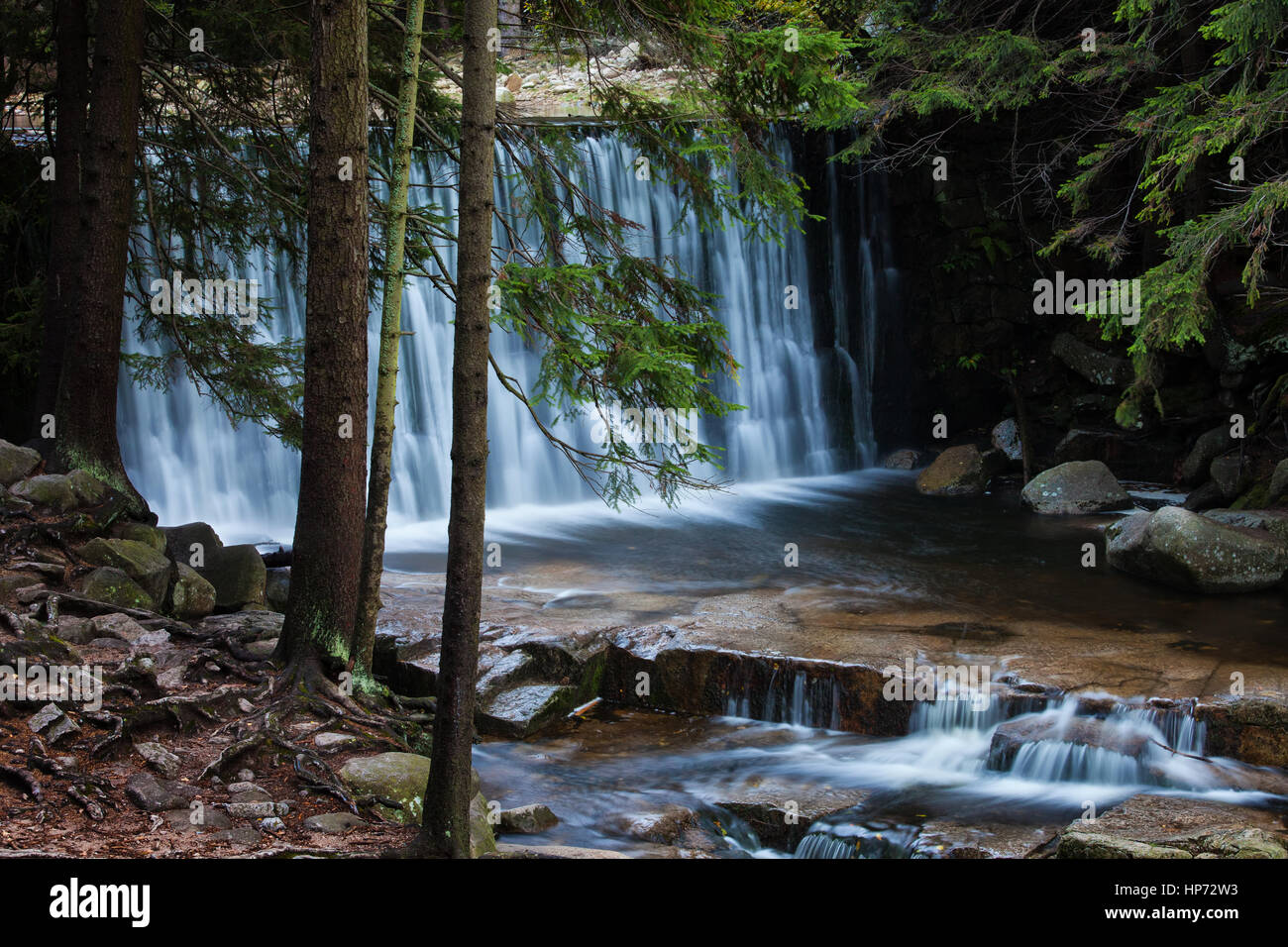 Tranquil place by the waterfall in Karpacz, Poland Stock Photo