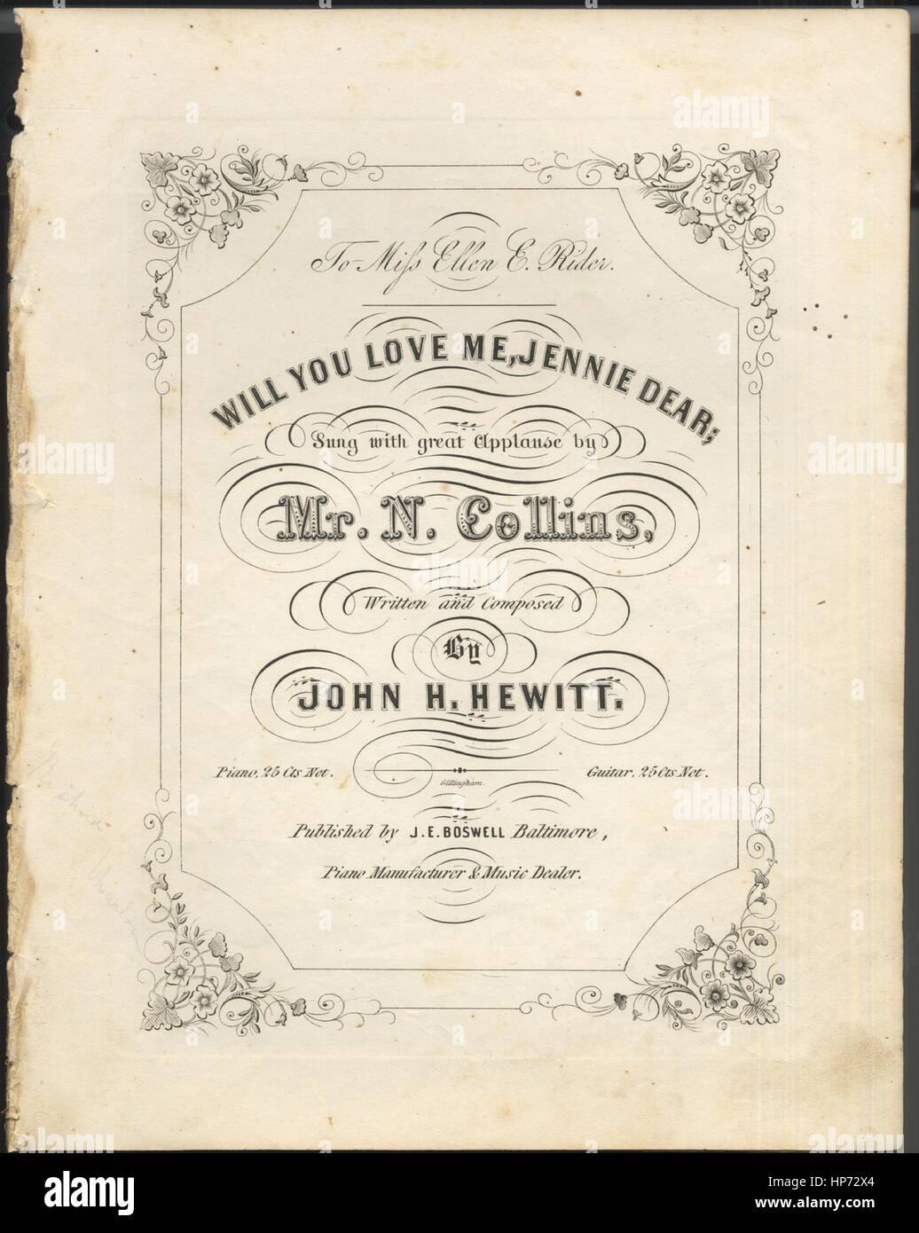 Sheet music cover image of the song 'Will You Love Me, Jennie Dear?', with original authorship notes reading 'Written and Composed By John H Hewitt', United States, 1852. The publisher is listed as 'J.E. Boswell', the form of composition is 'strophic with chorus', the instrumentation is 'piano and voice', the first line reads 'Will you love me, Jennie dear? Whisper gently in my ear', and the illustration artist is listed as 'Gillingham'. Stock Photo