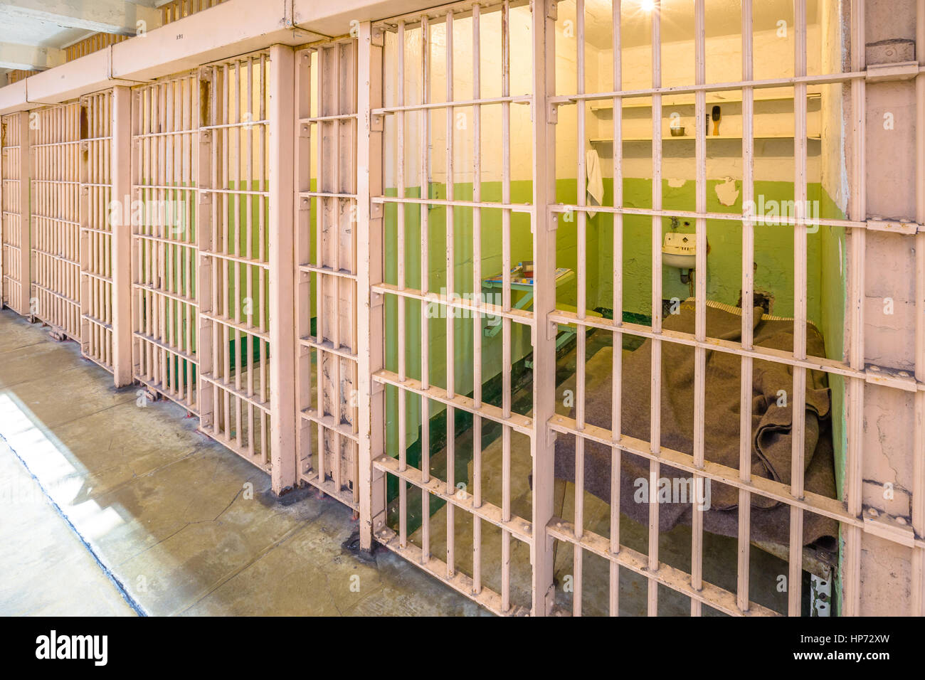 San Francisco, California, United States - August 14, 2016: interior of Alcatraz prison upper cells. Popular tourist attraction in San Francisco. Alca Stock Photo