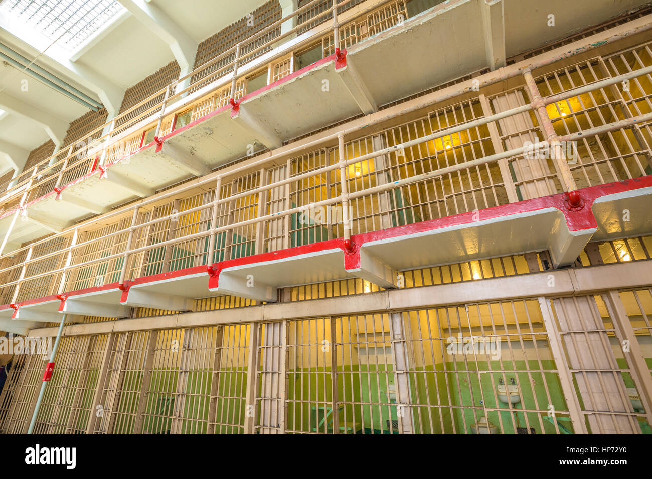 San Francisco, California, United States - August 14, 2016: inside of Alcatraz main room top cells on three levels. All the cells are single for the b Stock Photo