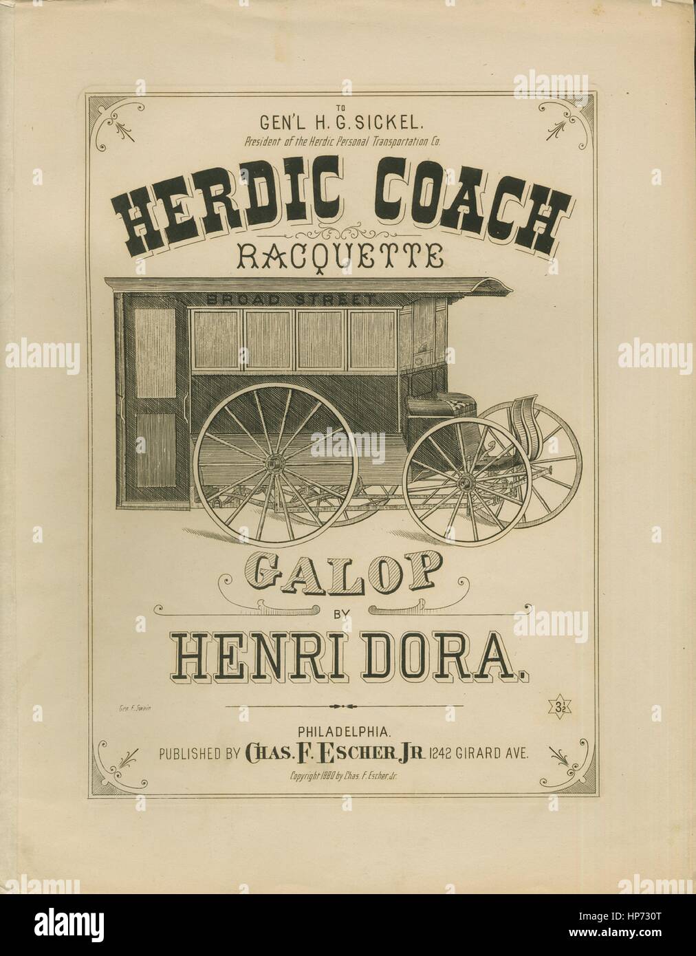 Sheet music cover image of the song 'Herdic Coach Racquette Galop', with original authorship notes reading 'By Henri Dora', United States, 1880. The publisher is listed as 'Chas. F. Escher, Jr., 1242 Girard Ave.', the form of composition is 'da capo with trio', the instrumentation is 'piano', the first line reads 'None', and the illustration artist is listed as 'Geo. F. Swain'. Stock Photo