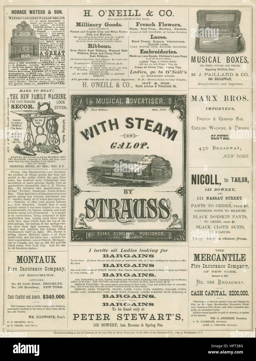 Sheet music cover image of the song 'With Steam Galop First Edition', with original authorship notes reading 'By Eduard Strauss Arranged by E Schilling', 1873. The publisher is listed as 'Peter Stewart's, 162 Bowery, bet. Broome and Spring Sts.', the form of composition is 'da capo', the instrumentation is 'piano', the first line reads 'None', and the illustration artist is listed as 'None'. Stock Photo