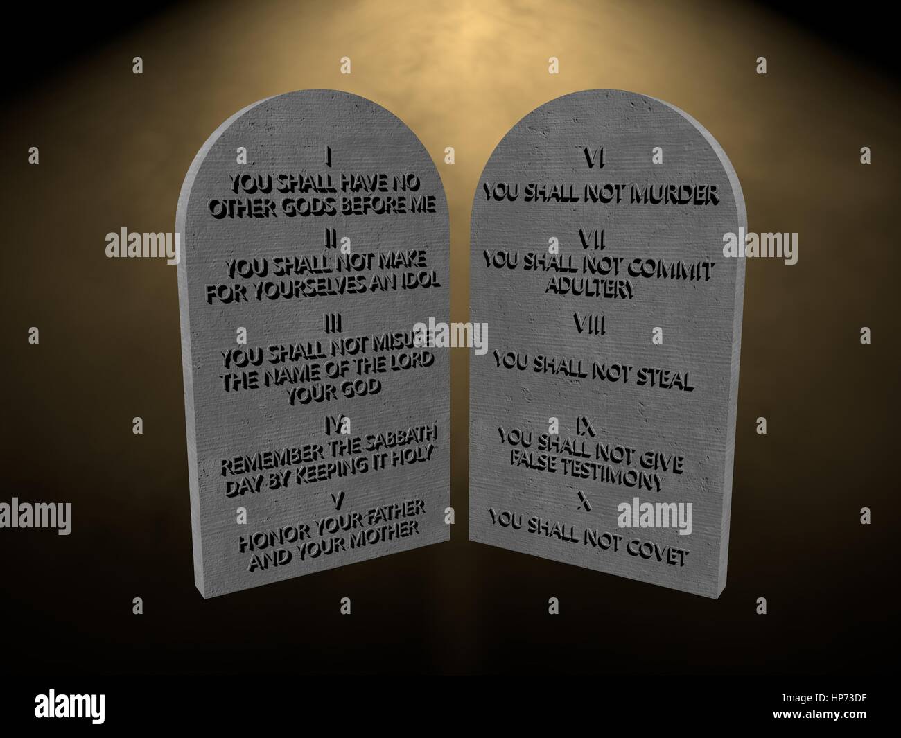 10 God commandments stones tablets lights rays 3d render rendering Stock Photo