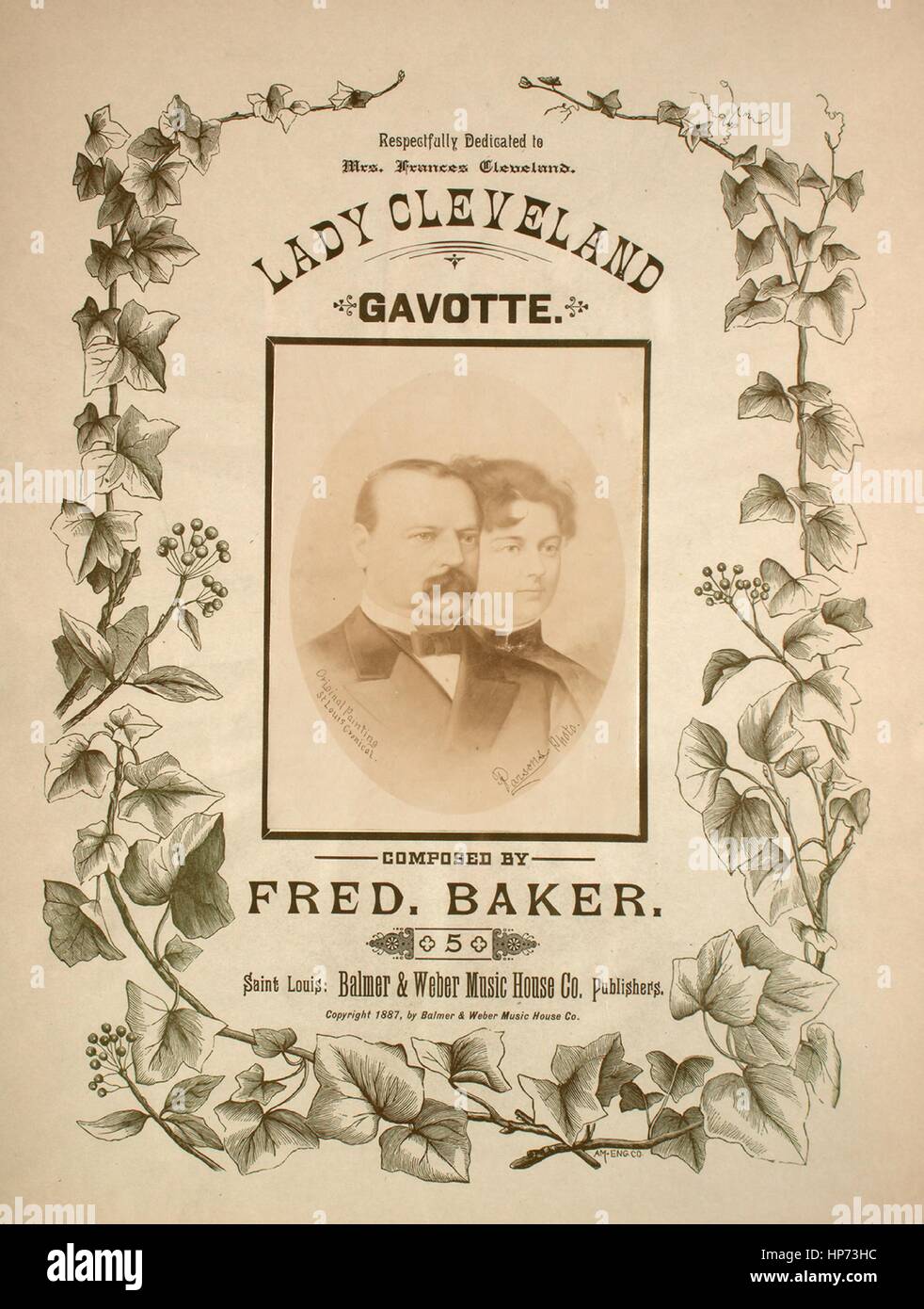 Sheet music cover image of the song 'Lady Cleveland Gavotte', with original authorship notes reading 'Composed by Fred Baker', 1887. The publisher is listed as 'Balmer and Weber Music House Co.', the form of composition is 'rondo', the instrumentation is 'piano', the first line reads 'None', and the illustration artist is listed as 'Am.Eng.Co.; Original Painting St. Louis Cronical [sic]'. Stock Photo
