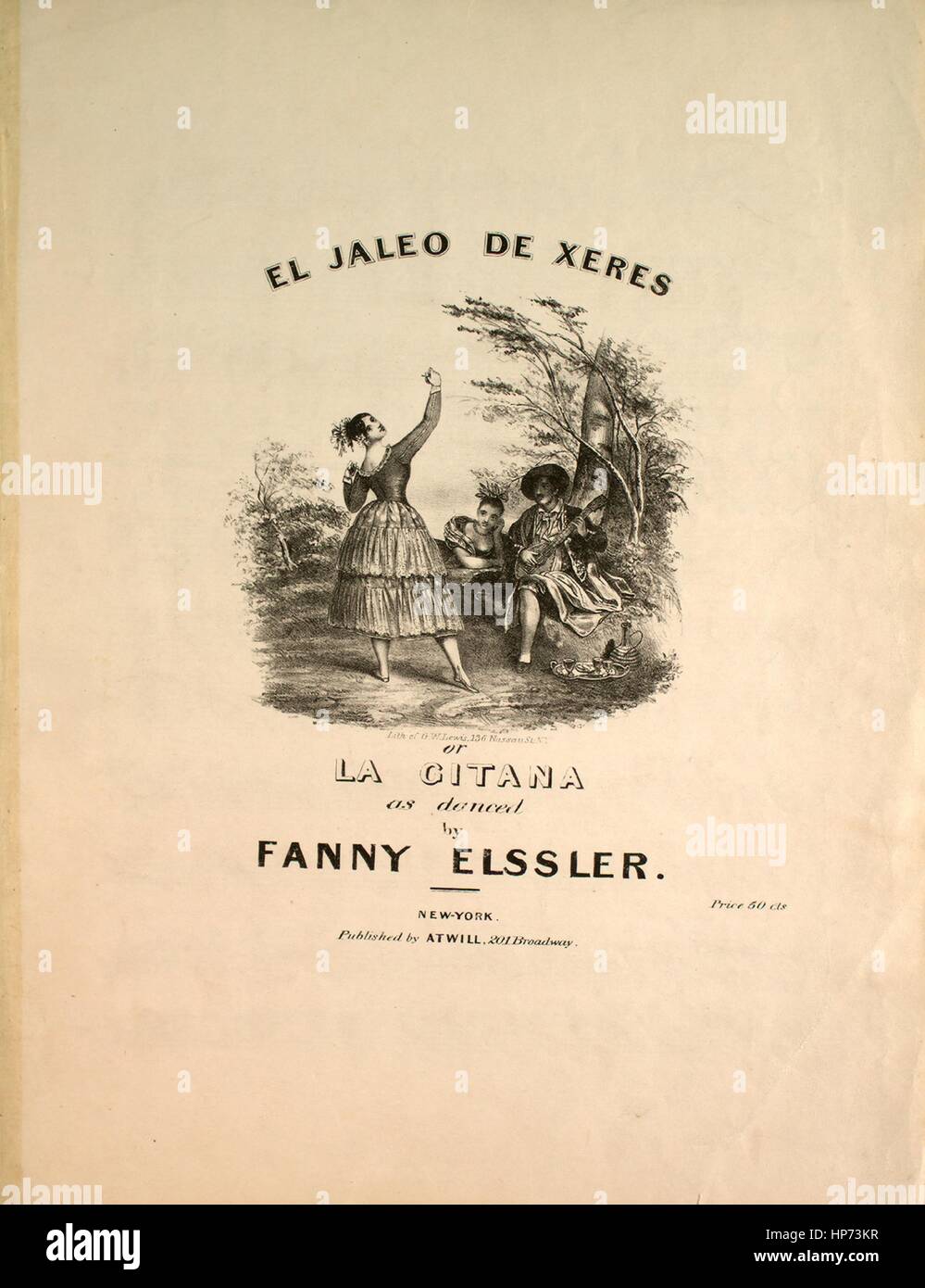 Sheet music cover image of the song 'El Jaleo De Xeres, or, La Gitana', with original authorship notes reading 'na', United States, 1900. The publisher is listed as 'Atwill, 201 Broadway', the form of composition is 'sectional (theme and variation)', the instrumentation is 'piano', the first line reads 'None', and the illustration artist is listed as 'Lith. of G. W. Lewis, 136 Nassau St. N.Y.'. Stock Photo