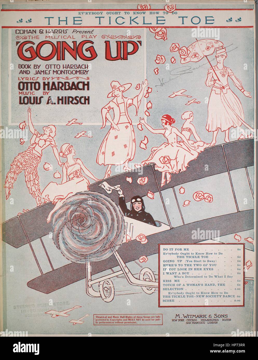 Sheet music cover image of the song 'Ev'rybody Ought to Know How to do The Tickle Toe', with original authorship notes reading 'Lyric by Otto Harbach; Music by Louis A Hirsch', United States, 1918. The publisher is listed as 'M. Witmark and Sons', the form of composition is 'strophic with chorus', the instrumentation is 'voice and piano', the first line reads 'While I travelled in the west', and the illustration artist is listed as 'M.W. and Sons'. Stock Photo