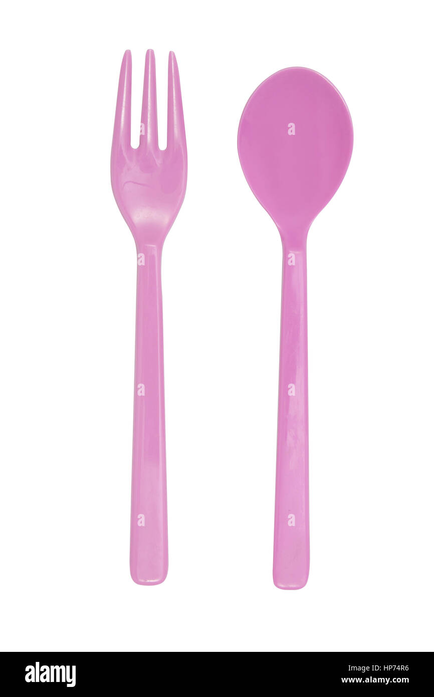 pink plastic fork and spoon isolated on white Stock Photo Alamy