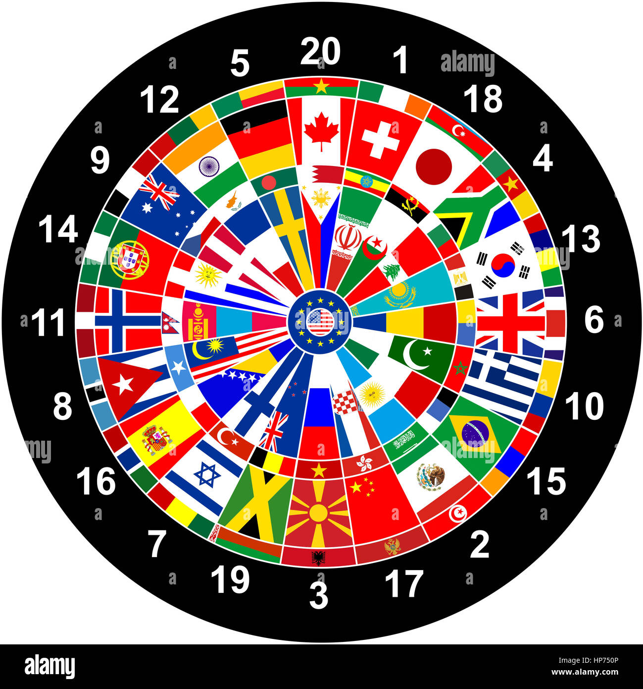 world countries flags darts board game illustration Stock Photo