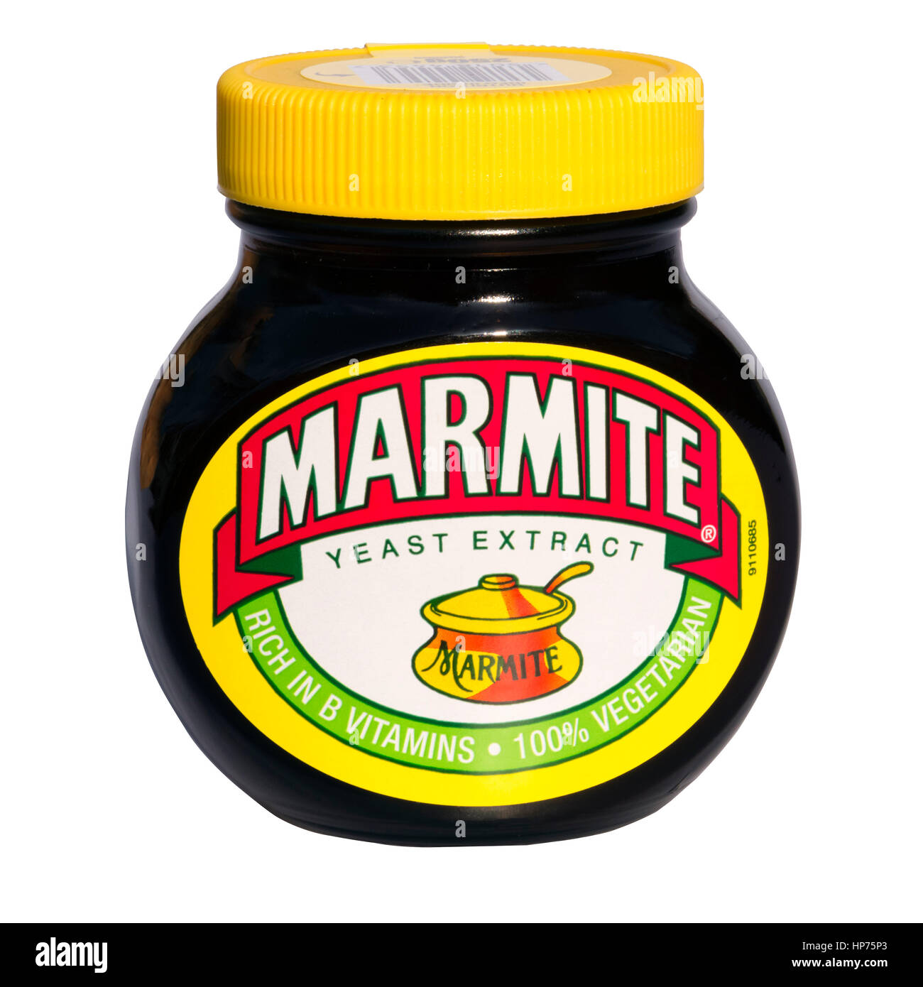 Jar of Marmite, cut out or isolated against a white background. Stock Photo