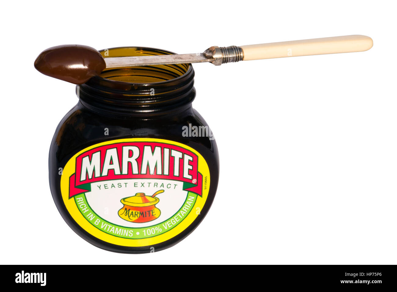 Open Jar of Marmite, cut out or isolated against a white background. Stock Photo