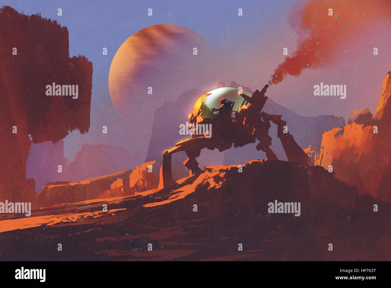 sci-fi scene of the man in the robotic vehicle on red planet,illustration painting Stock Photo