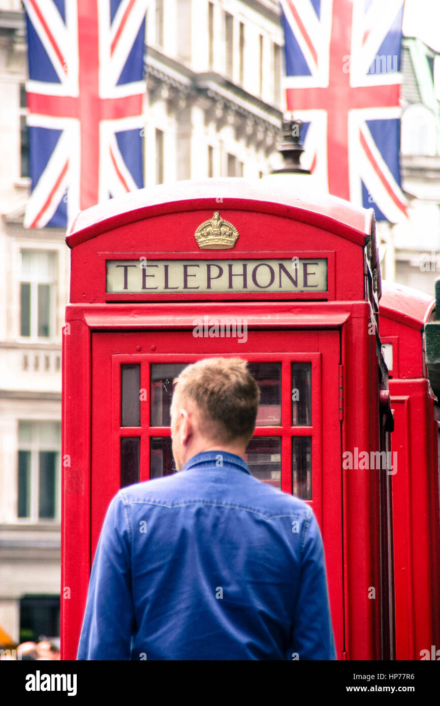 Iconic British red telephone box in central London Stock Photo
