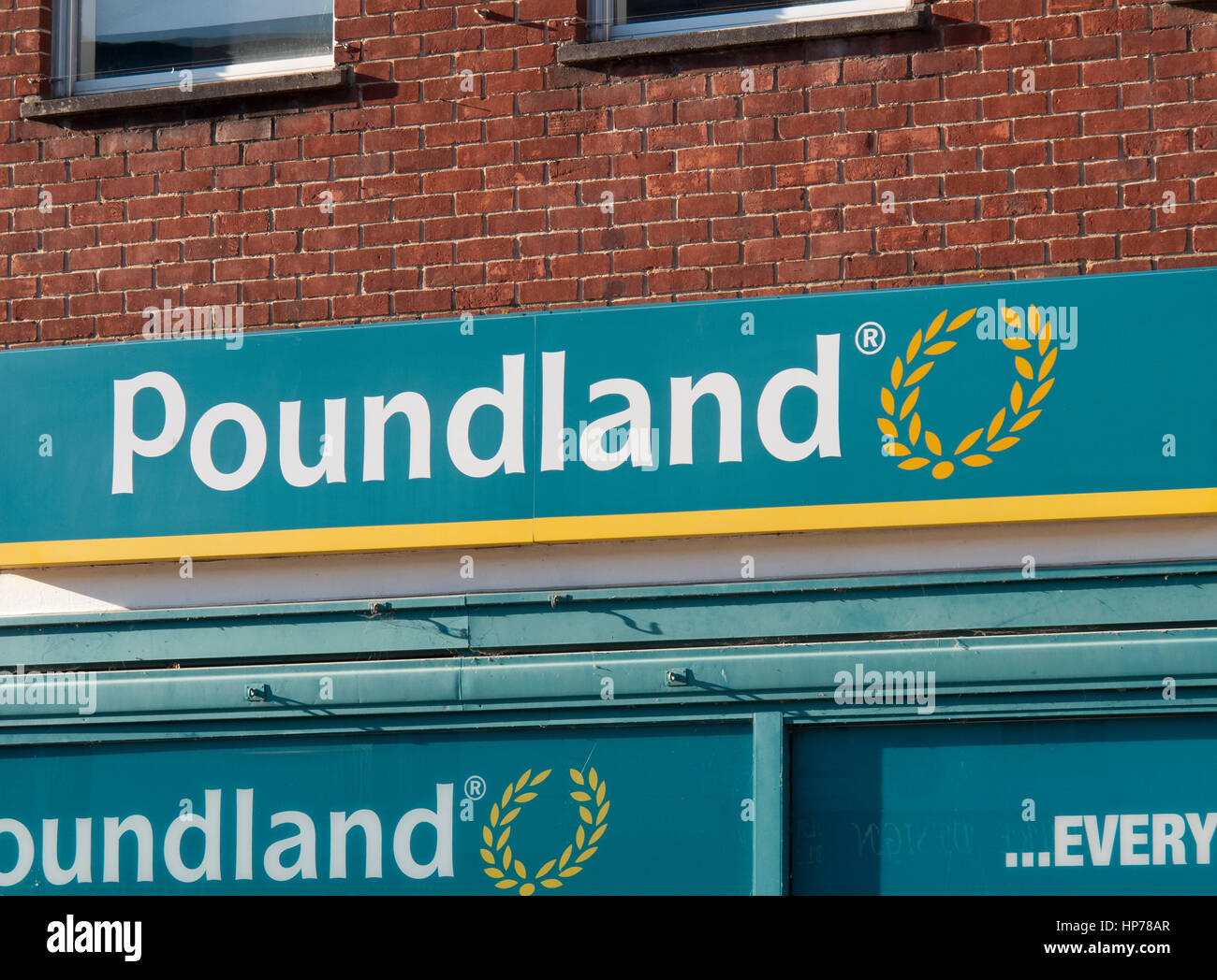 Poundland shop sign over premises, company founded in 1990 by Dave Todd and Stephen Smith Stock Photo