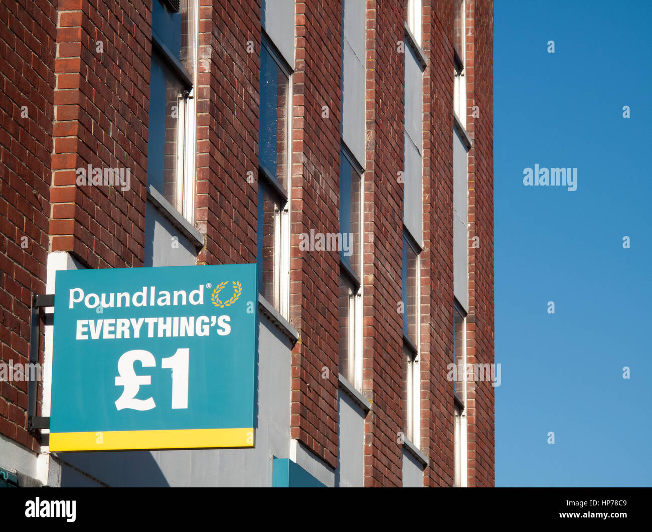 Poundland shop sign over premises, company founded in 1990 by Dave Todd and Stephen Smith Stock Photo