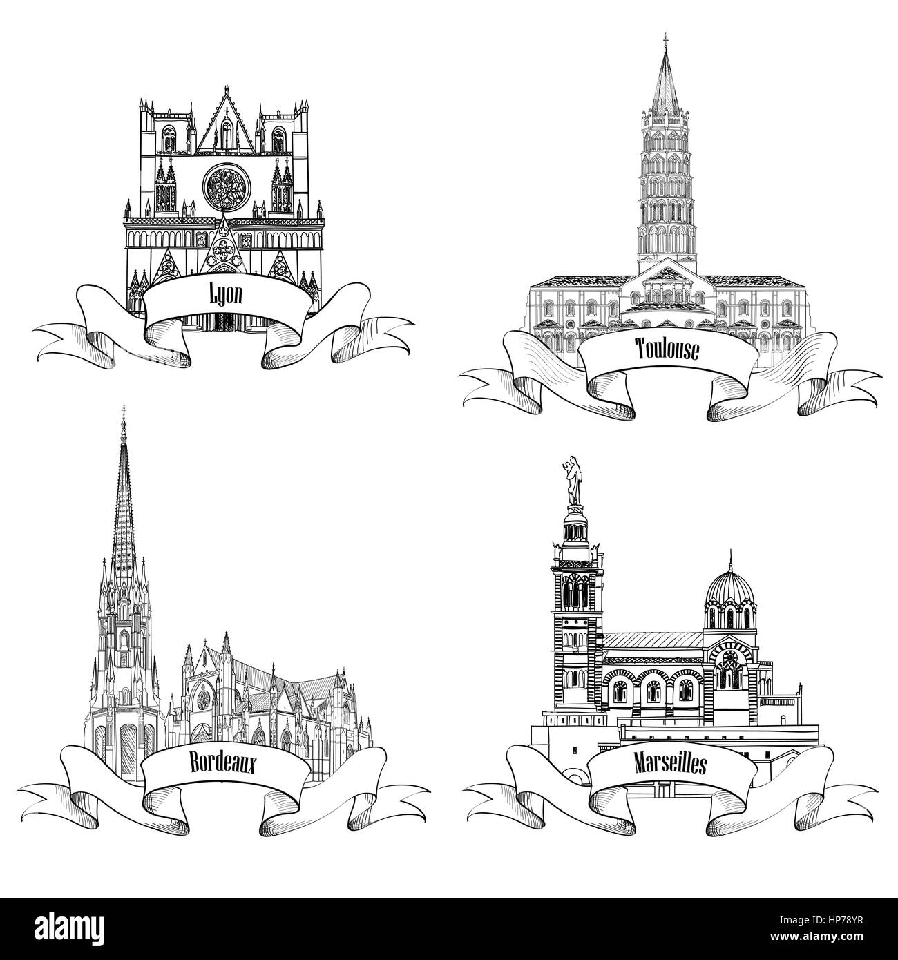 French famous buildings and landmarks. Hand drawn French city label set. Roman architecture. Travel France symbol collection. Bordeaux, Toulouse, Lyon Stock Vector