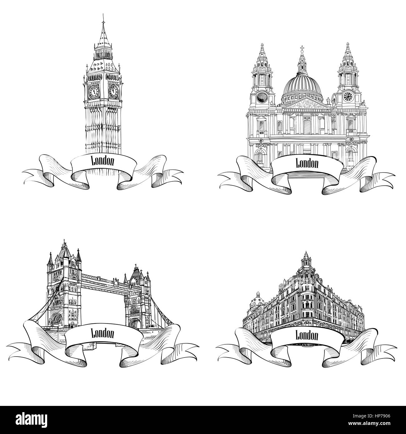 London famous buildings set. Engraving collection of London landmarks: Big Ben, Tower Bridge, St. Paul Cathedral, Harrods store. Travel UK icon collec Stock Vector