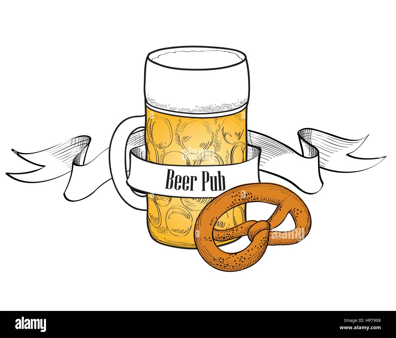 Beer Mug symbol. Full Beer Glass with snack. Beer bar banner Stock Vector