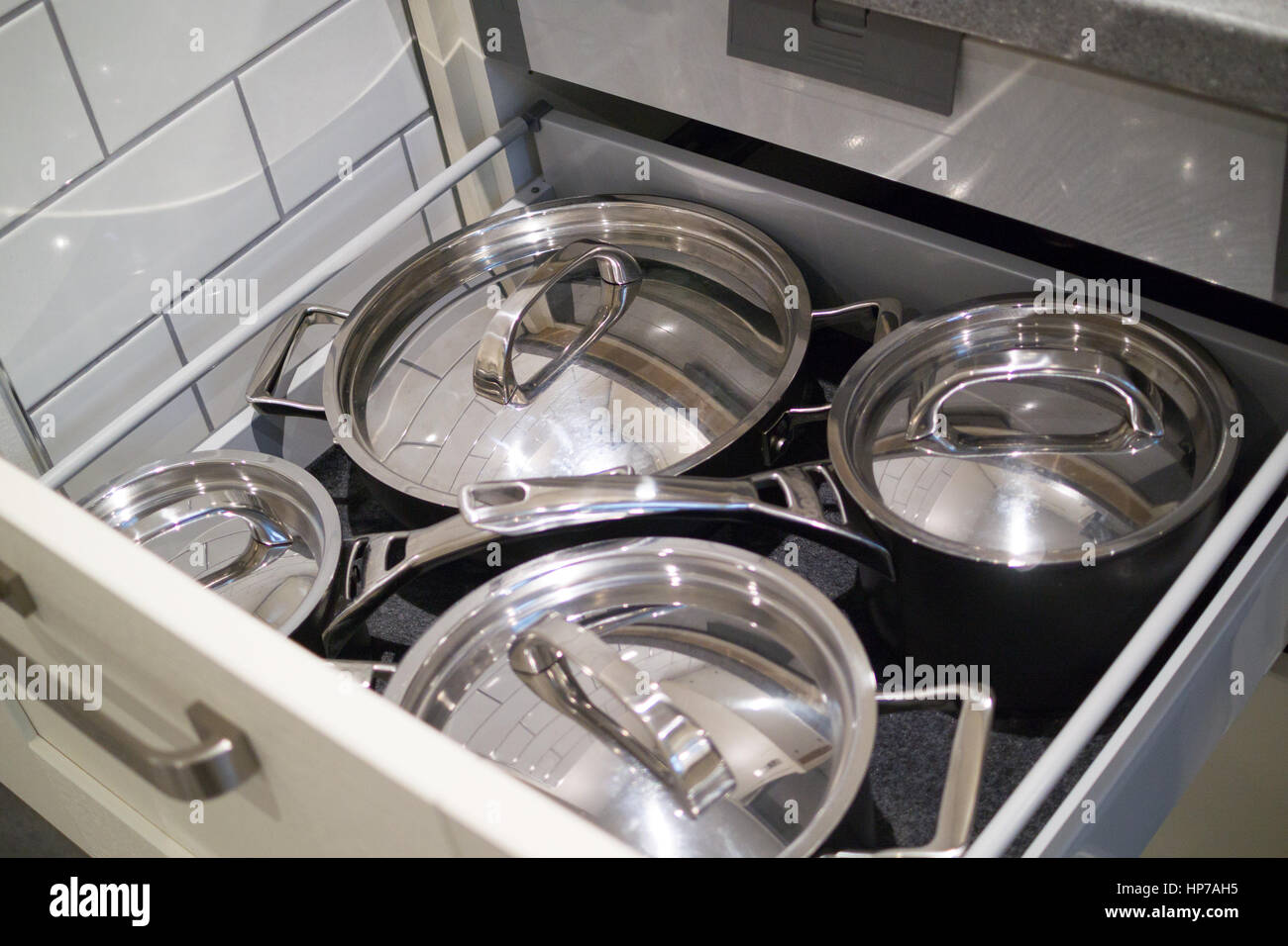 Deep Pull Out Kitchen Drawer To Store Saucepans Next To The Hob