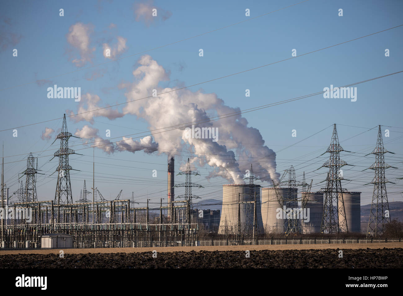 Power plant at work during winter time Stock Photo