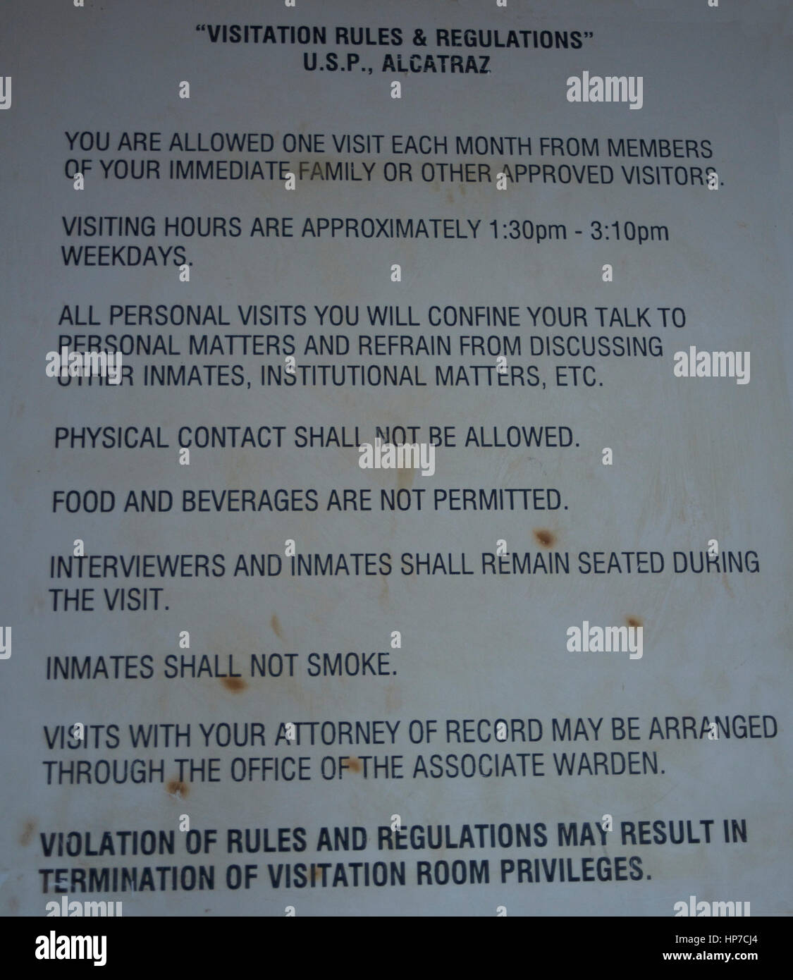 Alcatraz visitation sign on wall inside visitors entrance to prison