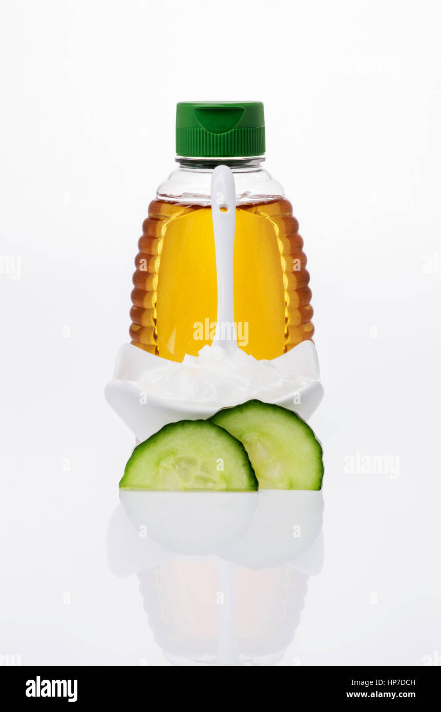 Honey, Quark and cucumber, Ingredients for a DIY Face Mask Stock Photo