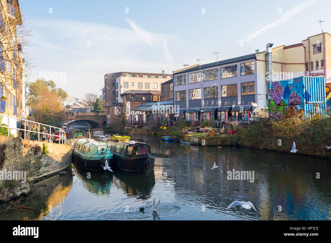 Haggerston, London, UK - 22 January 2017. The Haggerston Riviera in east London. Regent's Canal in Haggerston with boats and popular hipster venues on Stock Photo