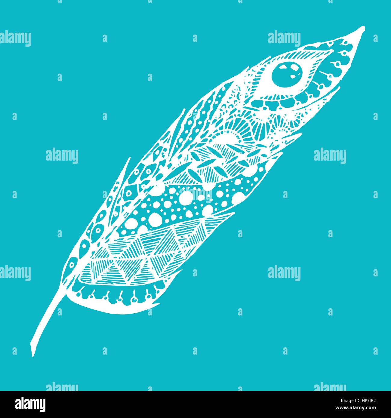 Hand drawn doodle zentangle feather isolated from background. Blue and ...
