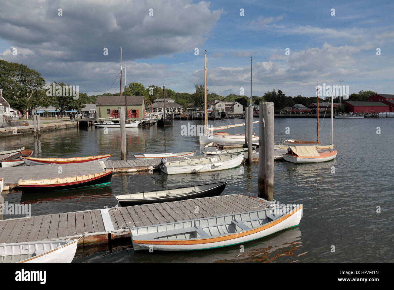 General view of boats moored in the harbor in Mystic Seaport in Mystic, Connecticut, United States. Stock Photo