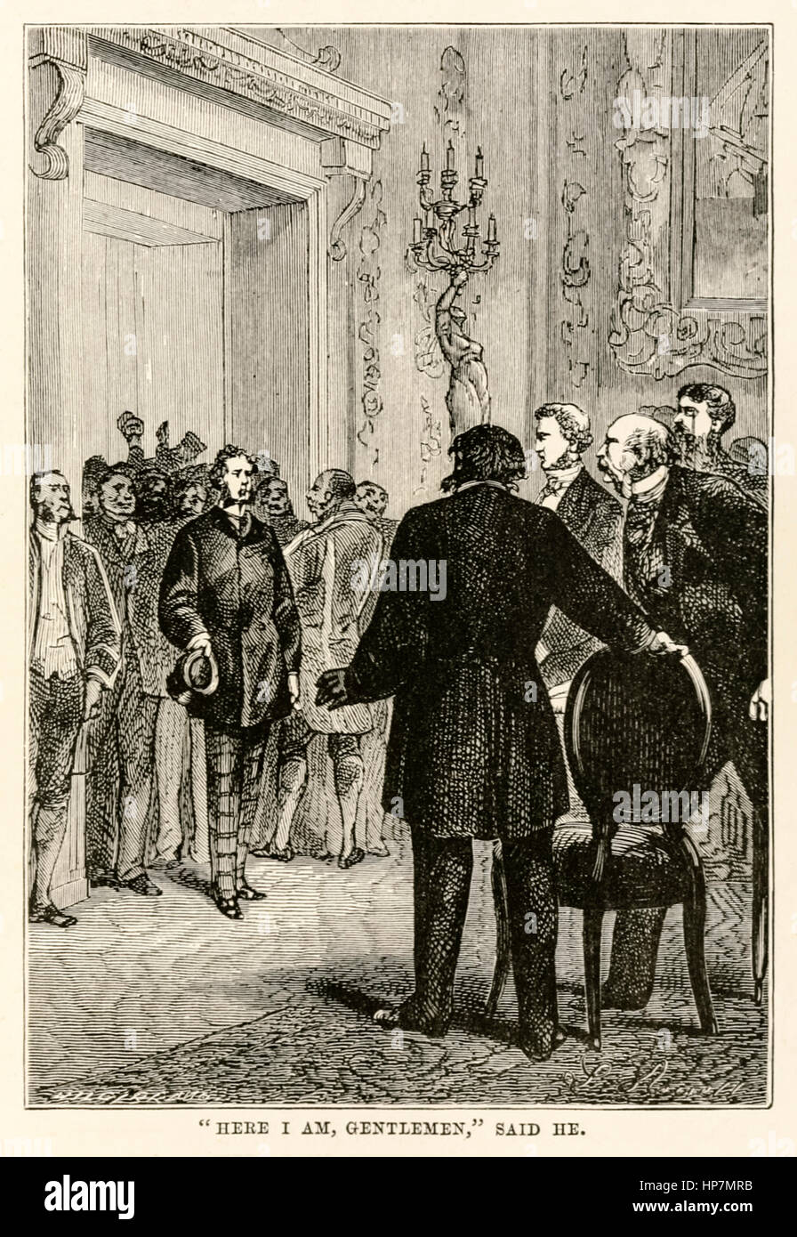 “”Here I am gentlemen,” said he.” from ‘Around the World in Eighty Days’ by Jules Verne (1828-1905) published in 1873 illustration by Léon Benett (1839-1917) and engraving by Henri-Théophile Hildebrand (1824-1897). Stock Photo