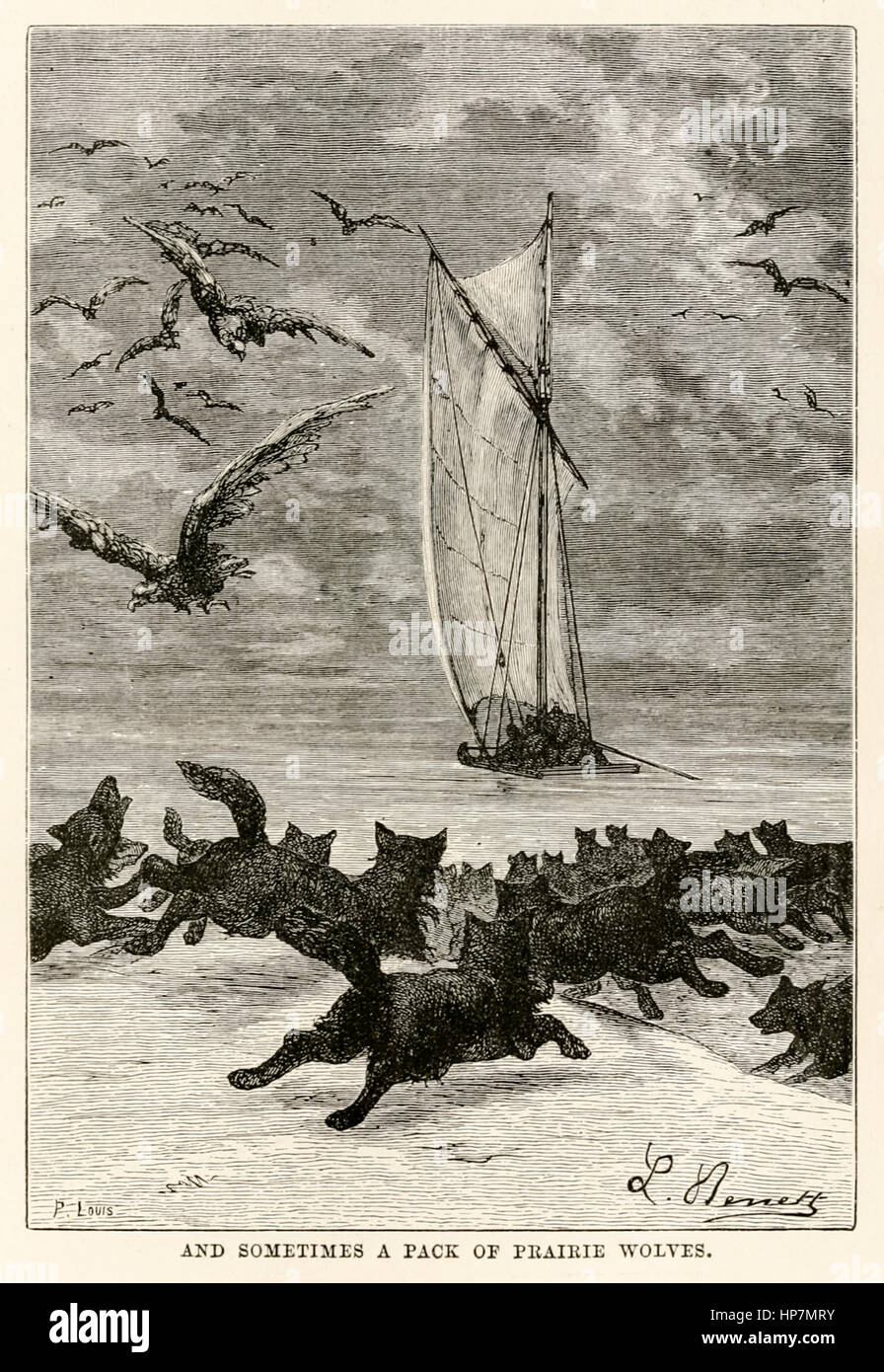 “And sometimes a pack of prairie wolves” from ‘Around the World in Eighty Days’ by Jules Verne (1828-1905) published in 1873 illustration by Léon Benett (1839-1917) and engraving by Louis. Stock Photo