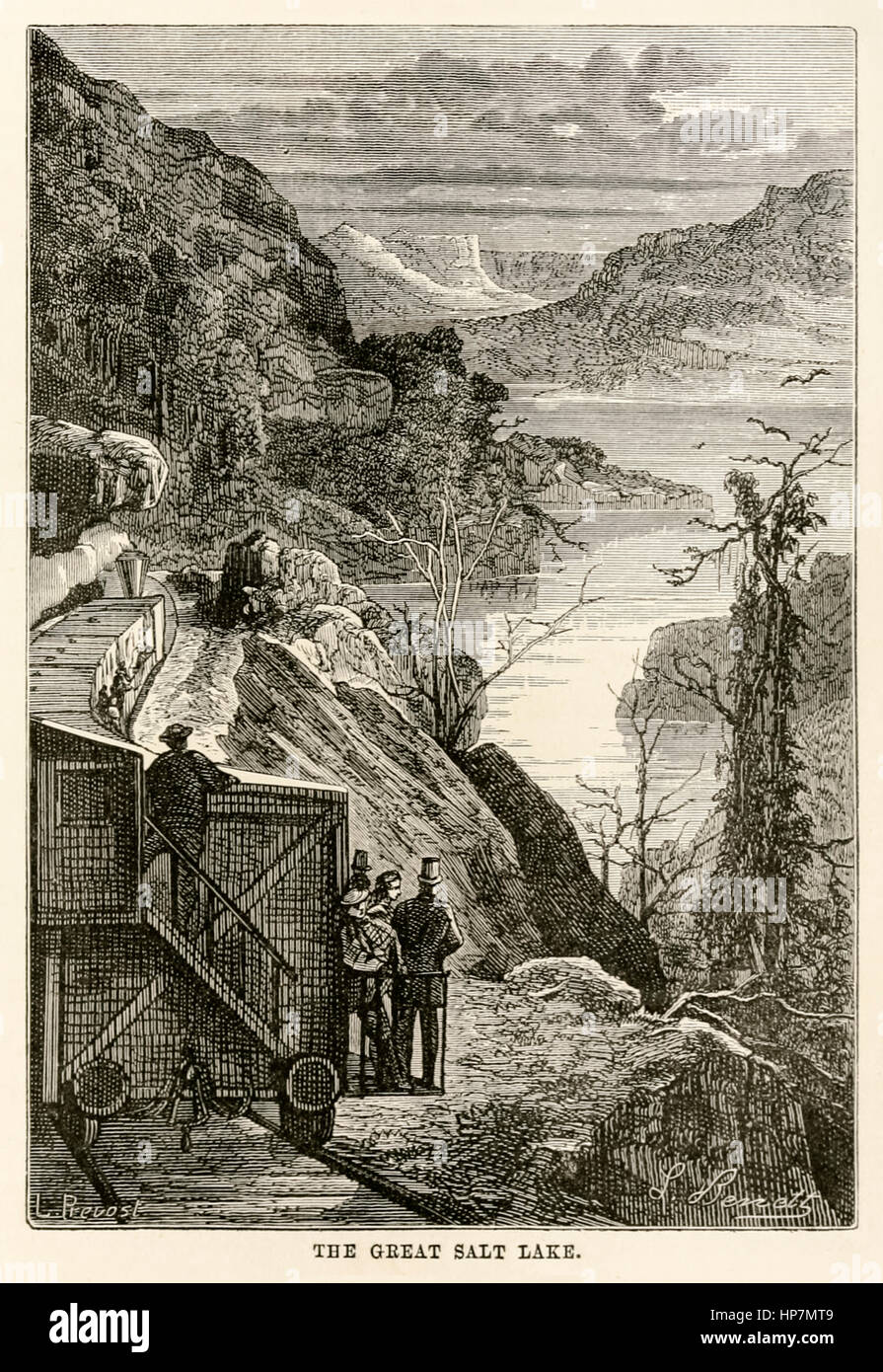 “The Great Salt Lake.” from ‘Around the World in Eighty Days’ by Jules Verne (1828-1905) published in 1873 illustration by Léon Benett (1839-1917) and engraving by Prévost. Stock Photo