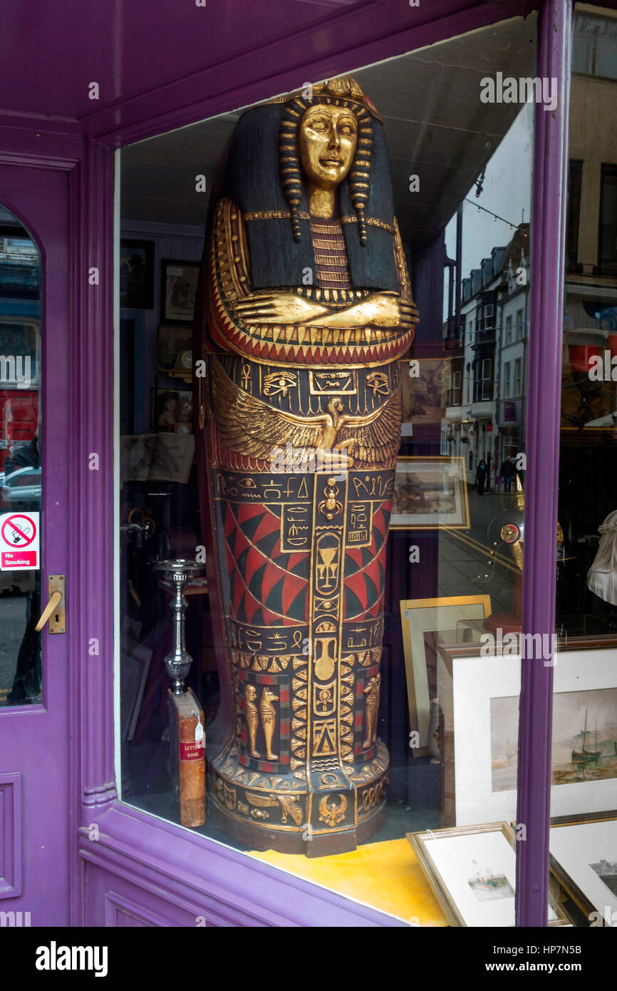A large size decorated reproduction Egyptian Mummy Case for sale in an