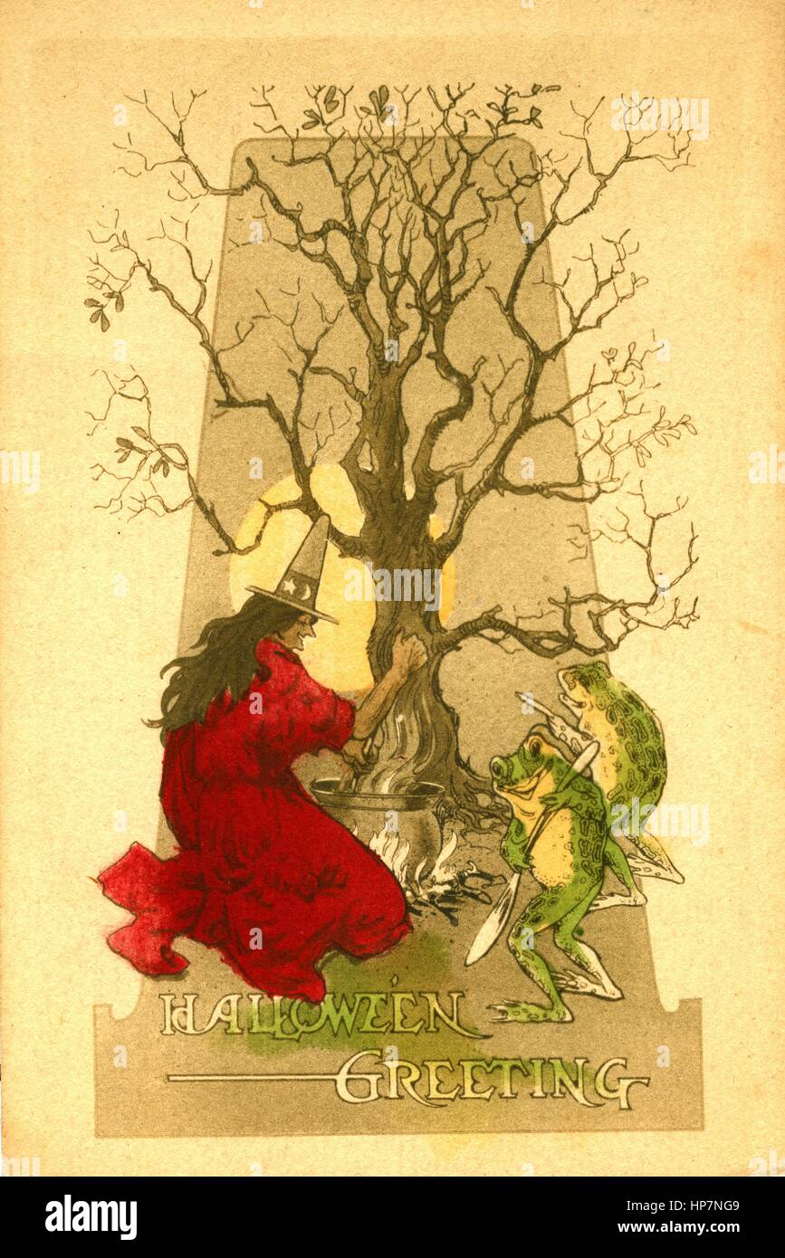 Halloween greeting card, with Witch and 2 Frogs huddled around a big round Cauldron, on a fire.  (1915 - 1930s)  To see my related holiday-related images -- Search, key these 2 words:  Prestor  vintage holiday Stock Photo