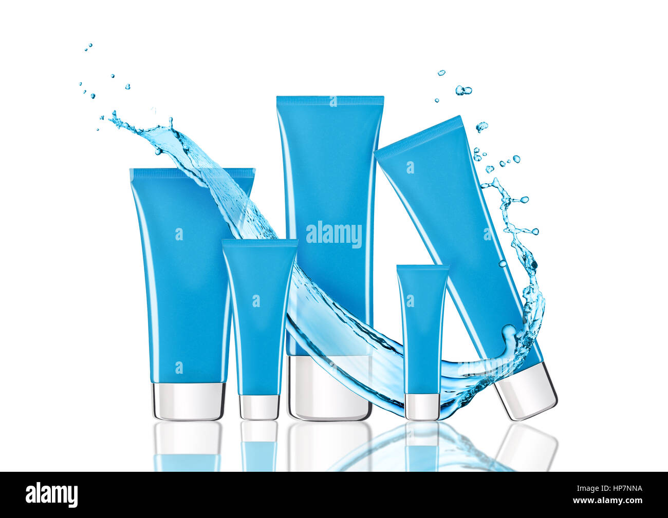 Blue skin care cream containers with water splash in white background ...