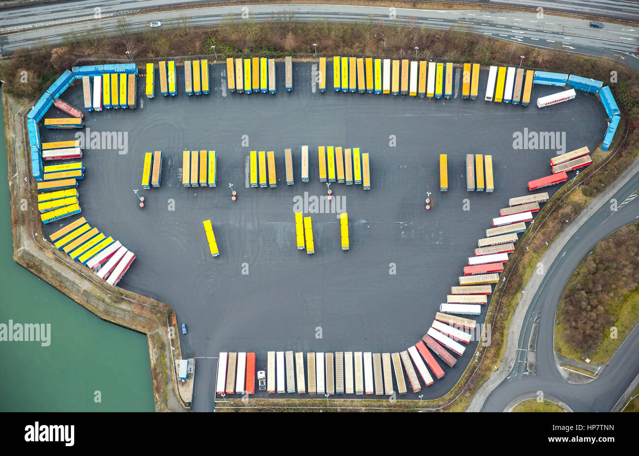 CTH Container Terminal Herne GmbH, Herne Habour, Rhein-Herne-Canel, Am Westhafen, container park, truck trailer parking, Herne, Ruhr area, North Rhine Stock Photo