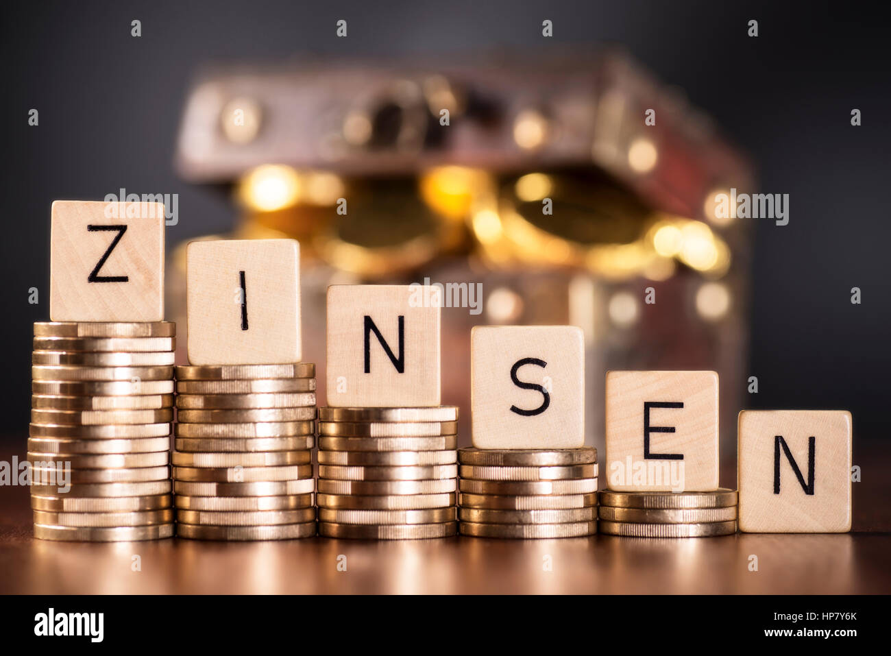 Stack of coins and the word interest. Stock Photo