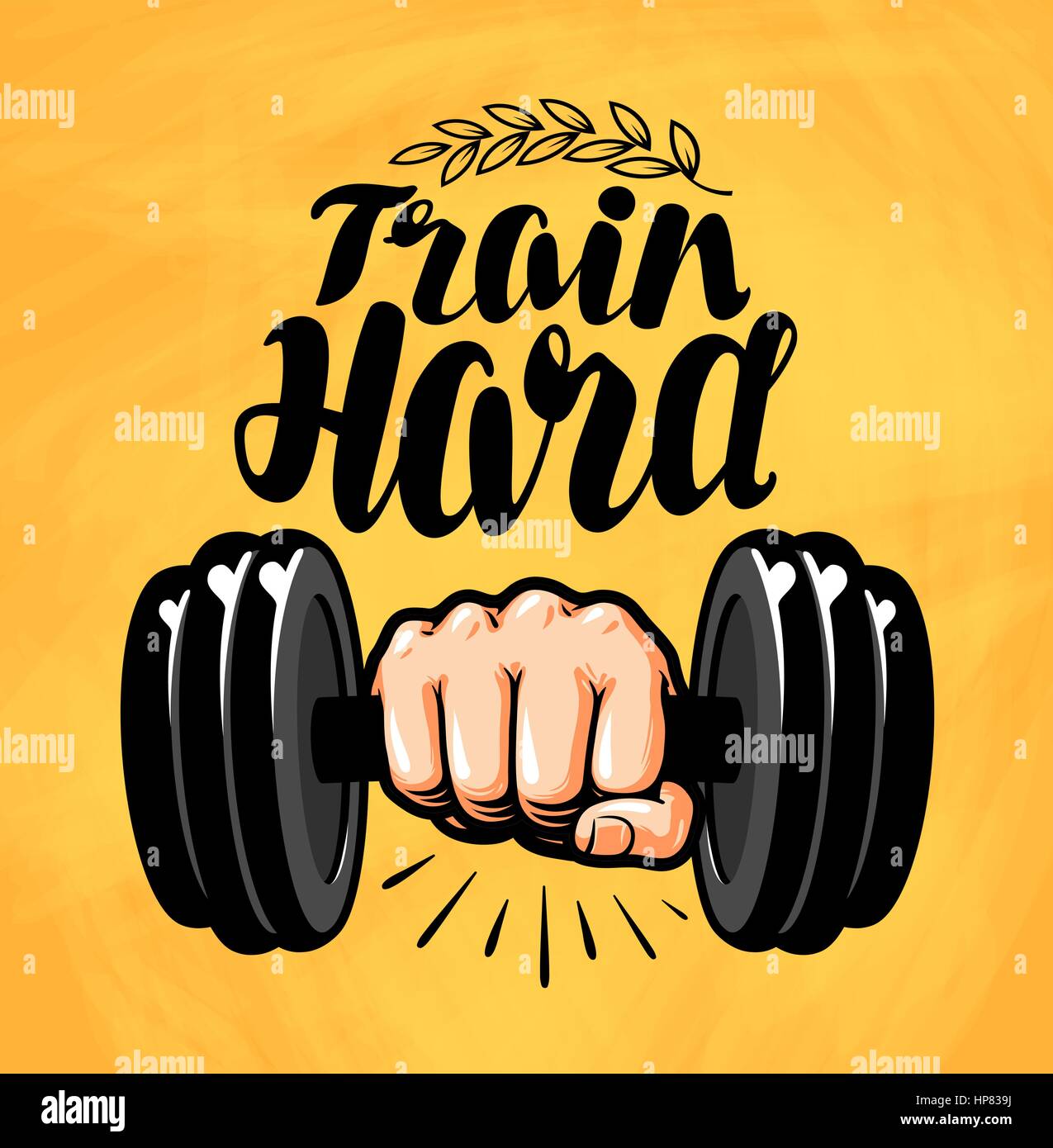 Hand with dumbbell. Gym, fitness, sport label. Train hard, lettering. Vector illustration Stock Vector