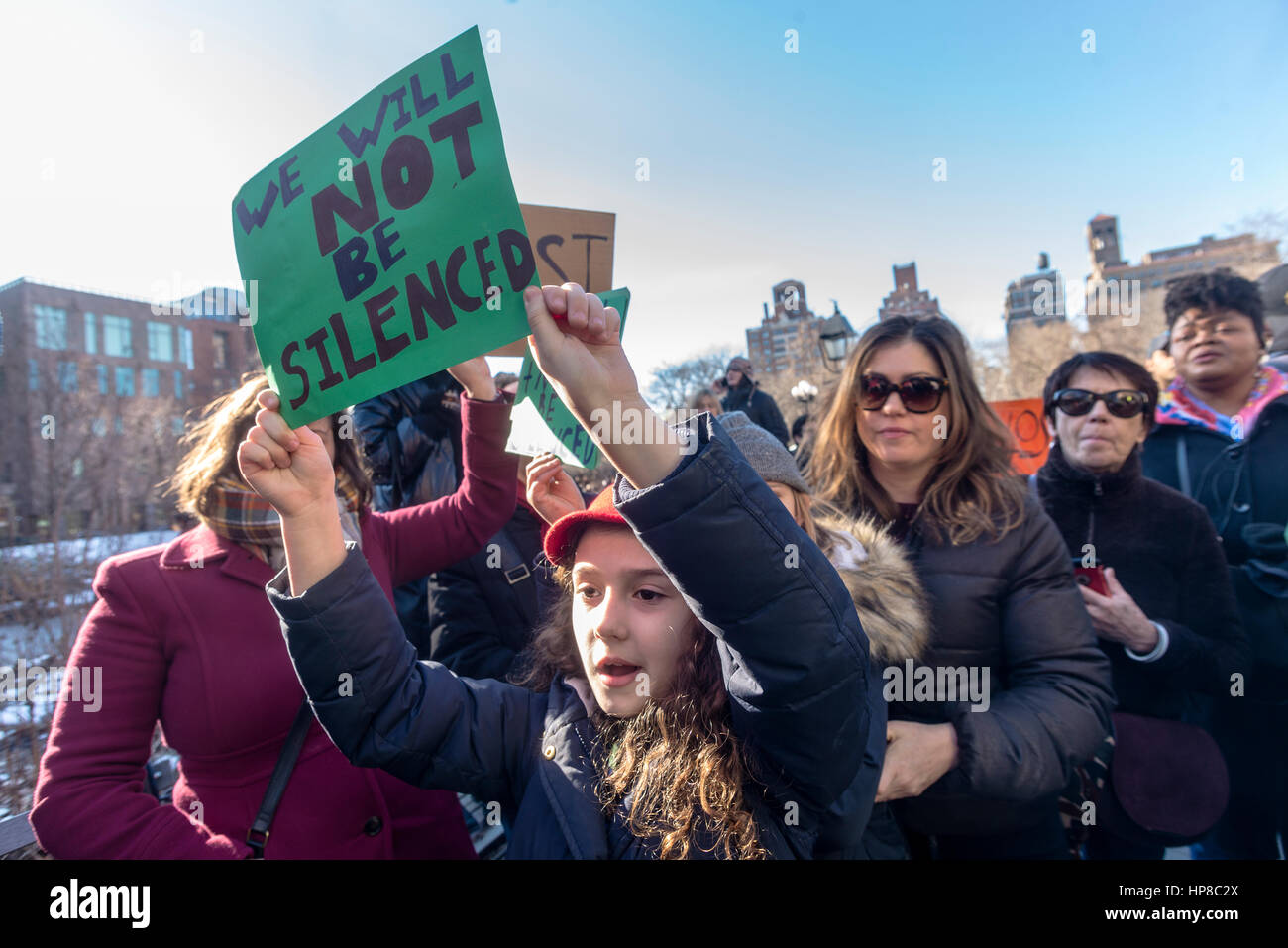 New York, USA 17 February 2017 - Activists rallied in Washington Square, in solidary with the  General Strike, to protest Trump Administration and their anti-democratic policies.  ©Stacy Walsh Rosenstock/Alamy Stock Photo