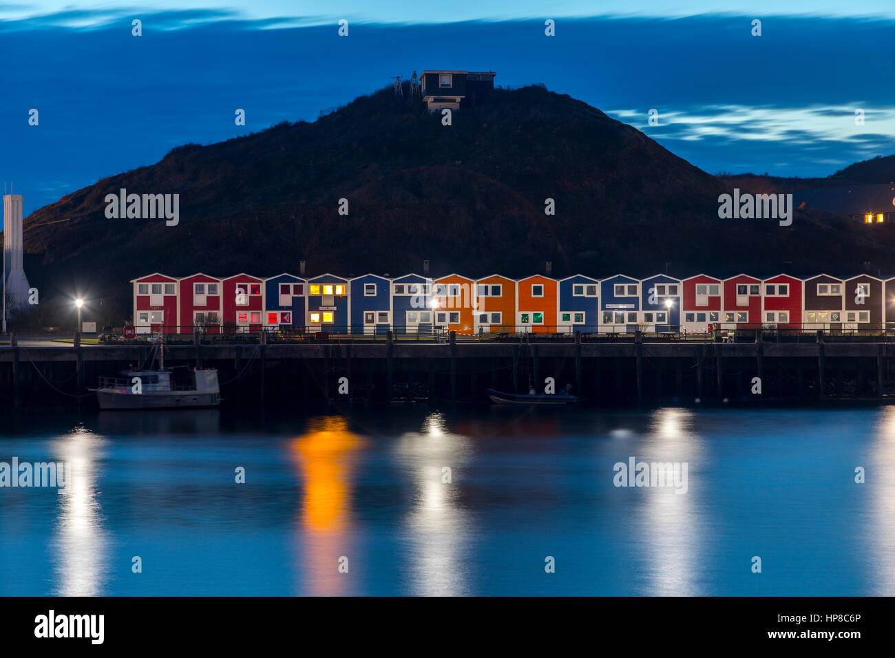 Helgoland, a German Island in the North Sea,  offshore, harbor with former fishermen huts, lobster shacks, called Hummerbuden, now used as shops, bars Stock Photo