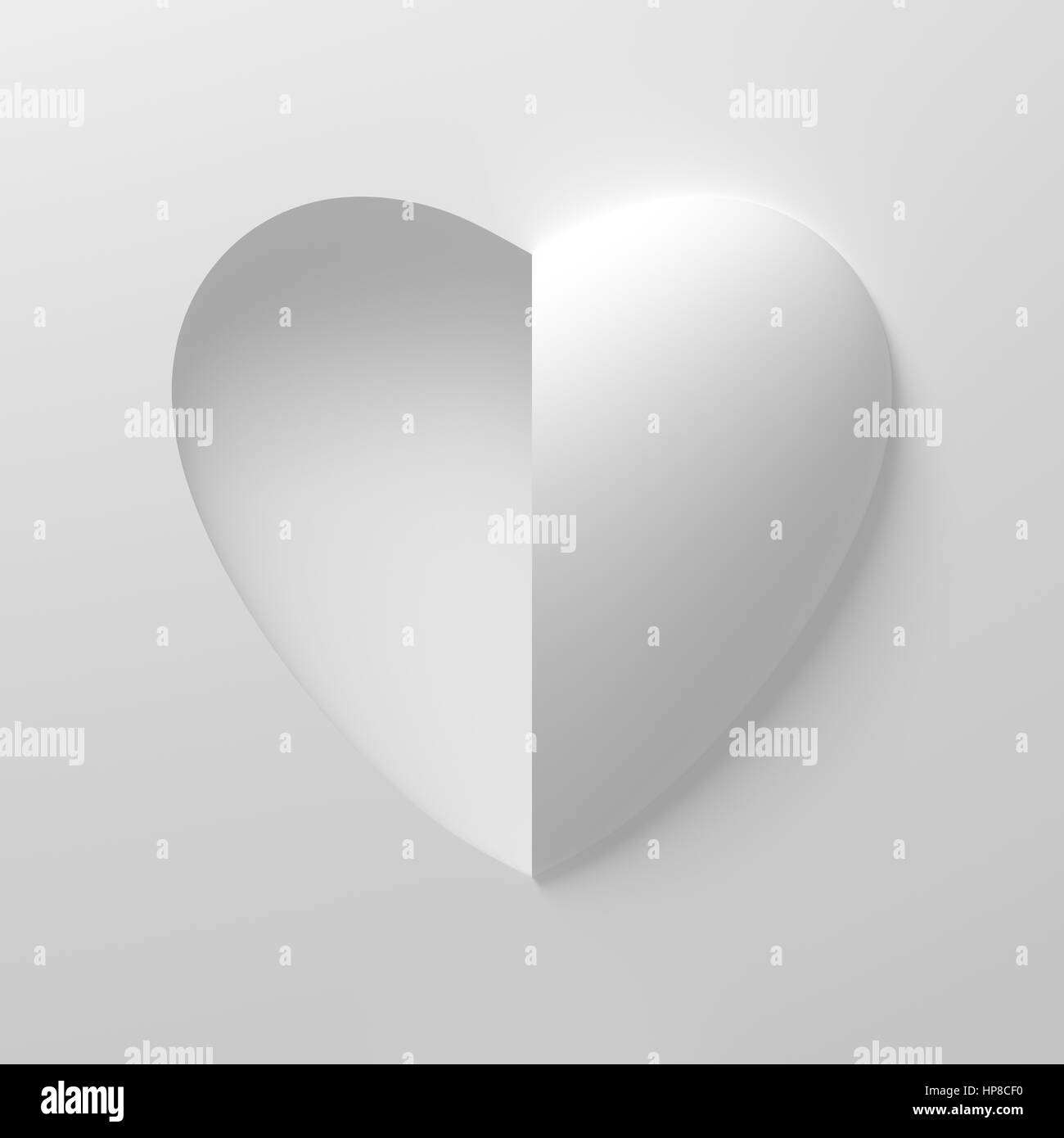 Concept Of White Heart Shape On White Background. One Side Is Concave And The Other Side Is Convex. 3D Illustration. Stock Photo