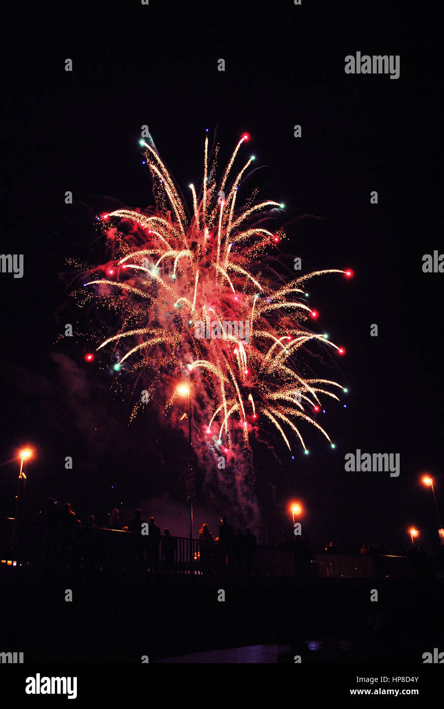 Magic, colourful fireworks, Dragon parade in Cracow, Poland. Stock Photo