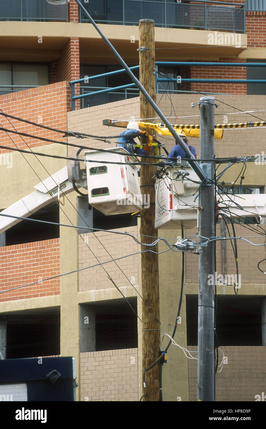 Electricians working on power lines, Sydney, Australia Stock Photo