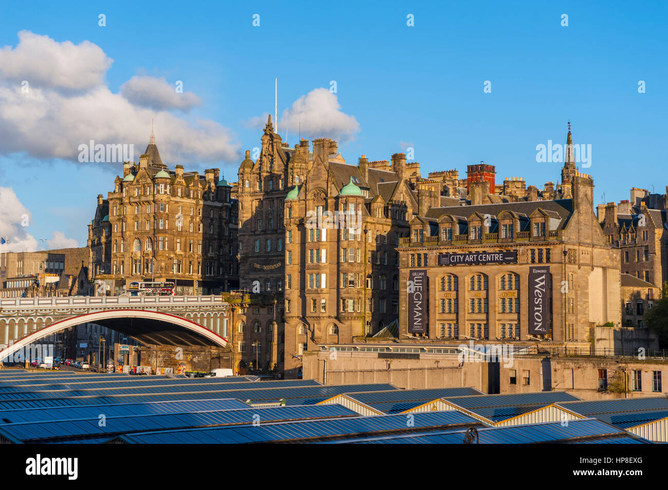 The city arts center and the Scotsman hotel with North Bridge in Edinburgh at sunset. Stock Photo