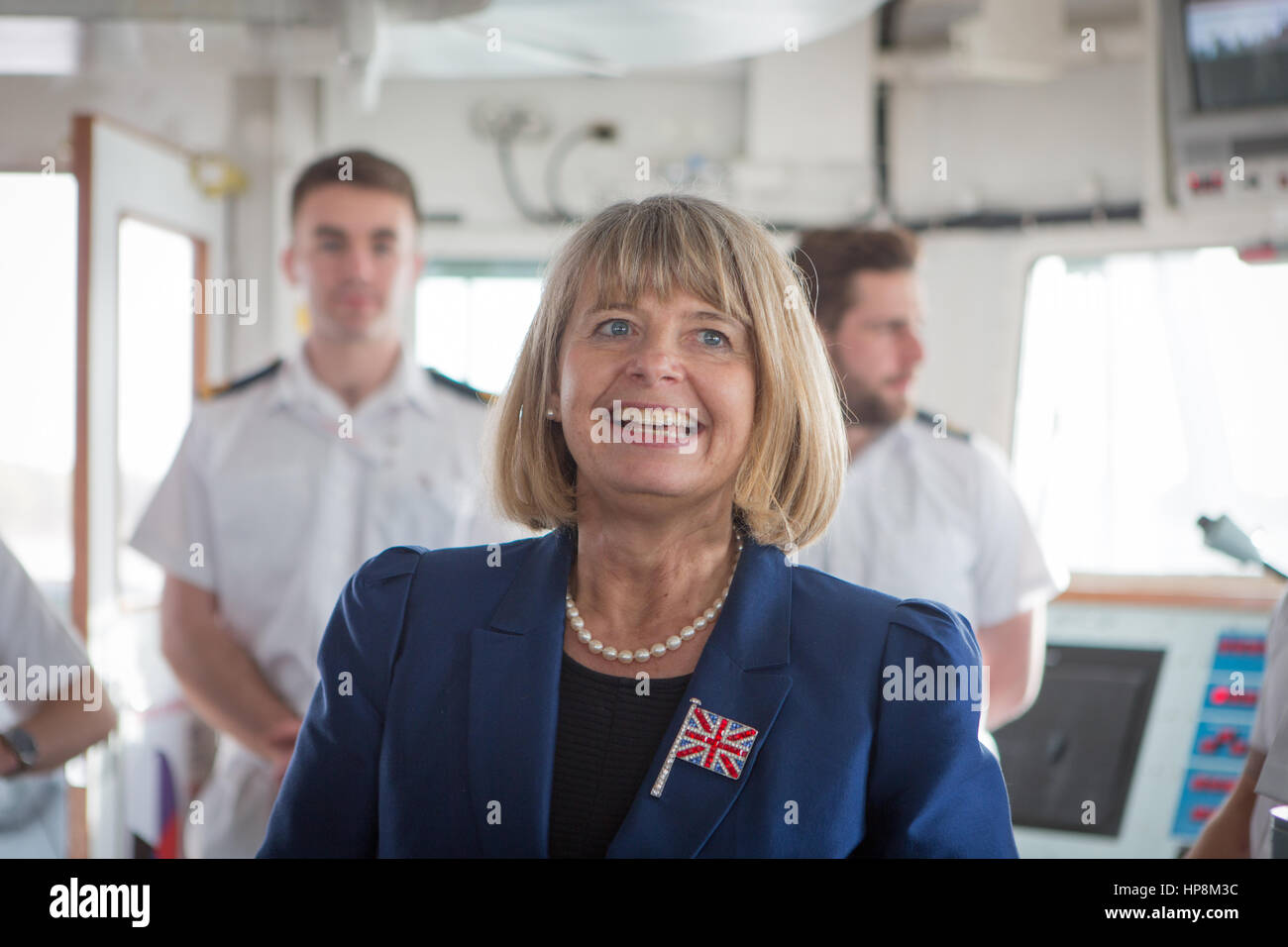 Abu Dhabi, UAE. 19th Feb, 2017. UK Defence Minister Harriett Baldwin MP visits Royal Navy ship HMS Penzance during her tour of the Defence Exhibition in Abu Dhabi. Credit: trevor sheehan/Alamy Live News Stock Photo